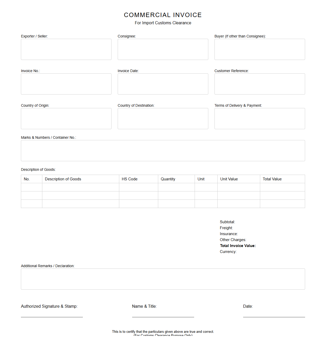 Commercial Invoice for Import Customs Clearance