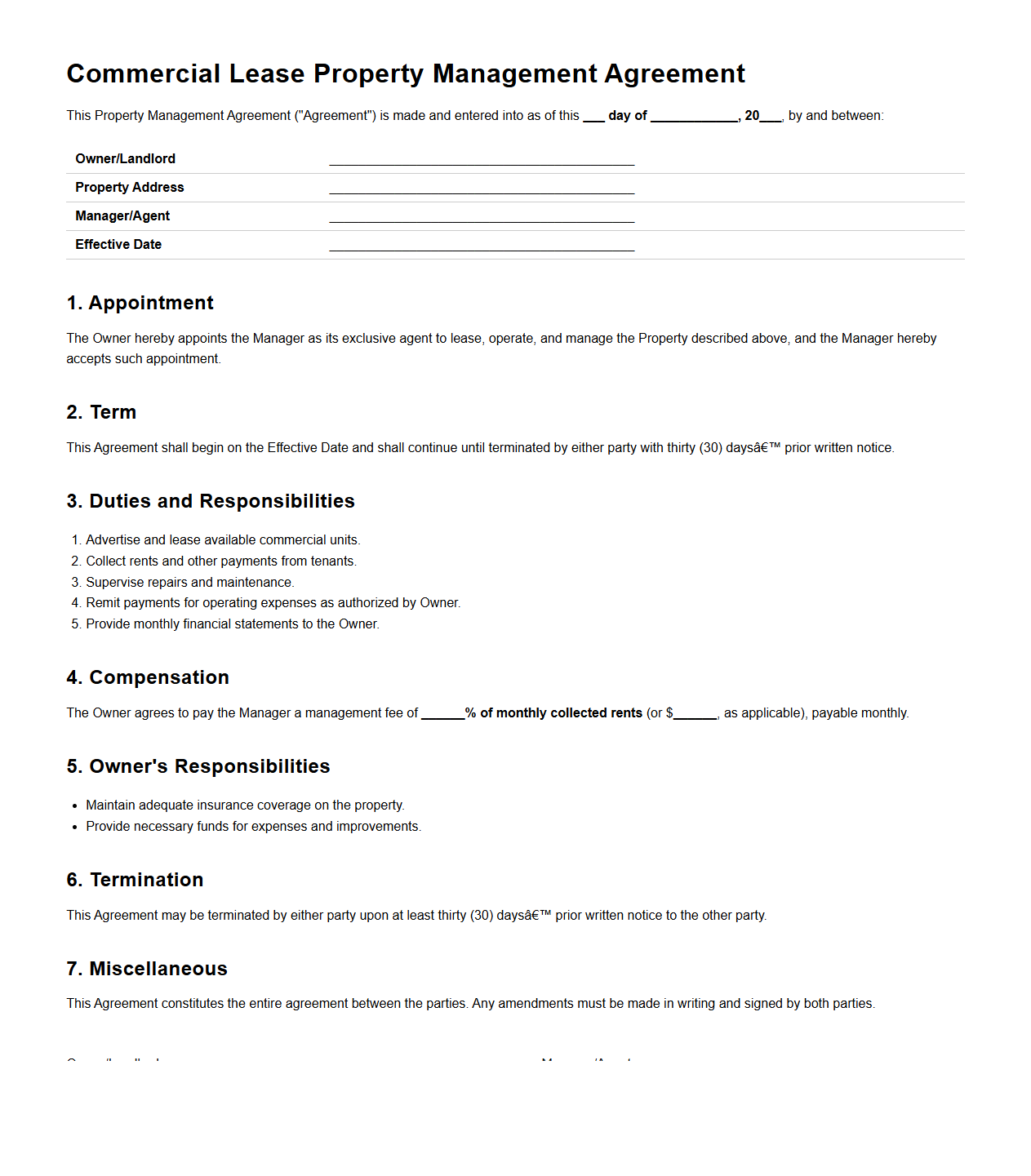 Commercial Lease Property Management Agreement Example