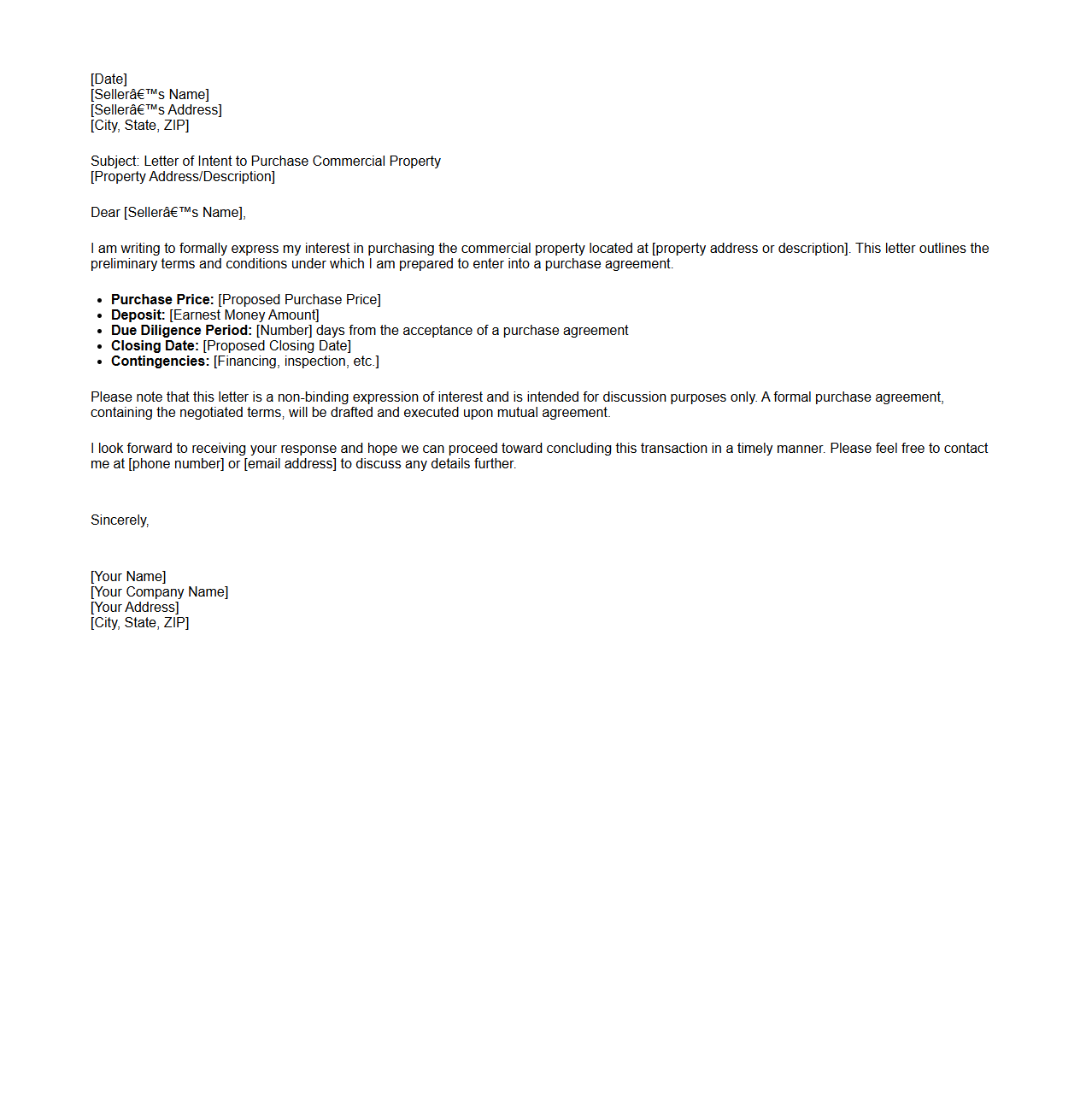 Commercial Property Purchase Intent Letter Example
