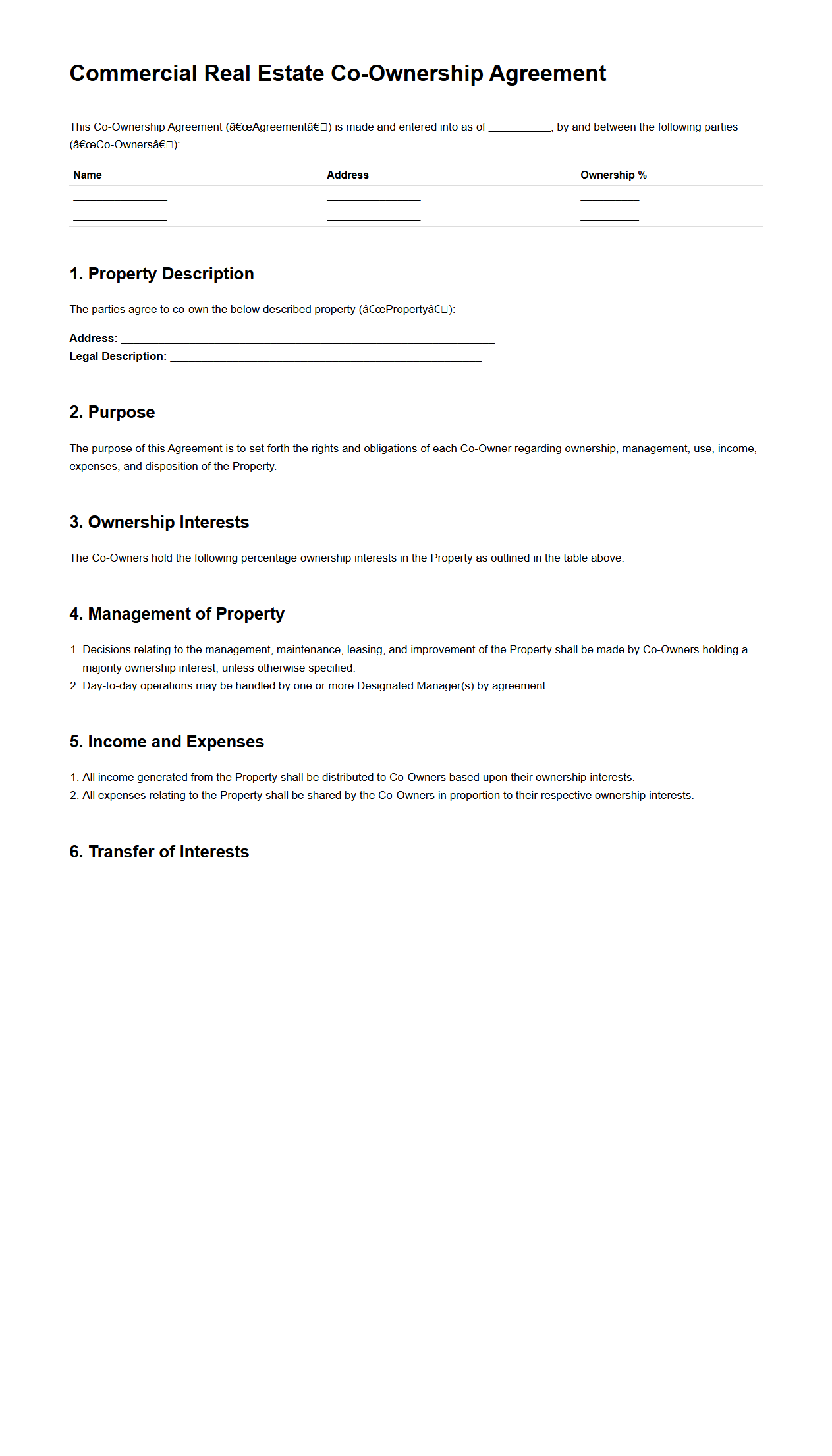 Commercial Real Estate Co-Ownership Agreement Example