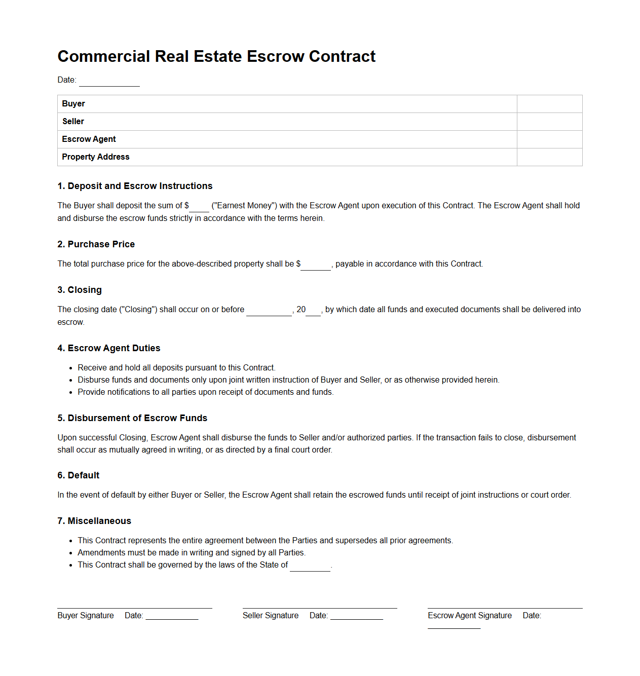 Commercial Real Estate Escrow Contract Sample