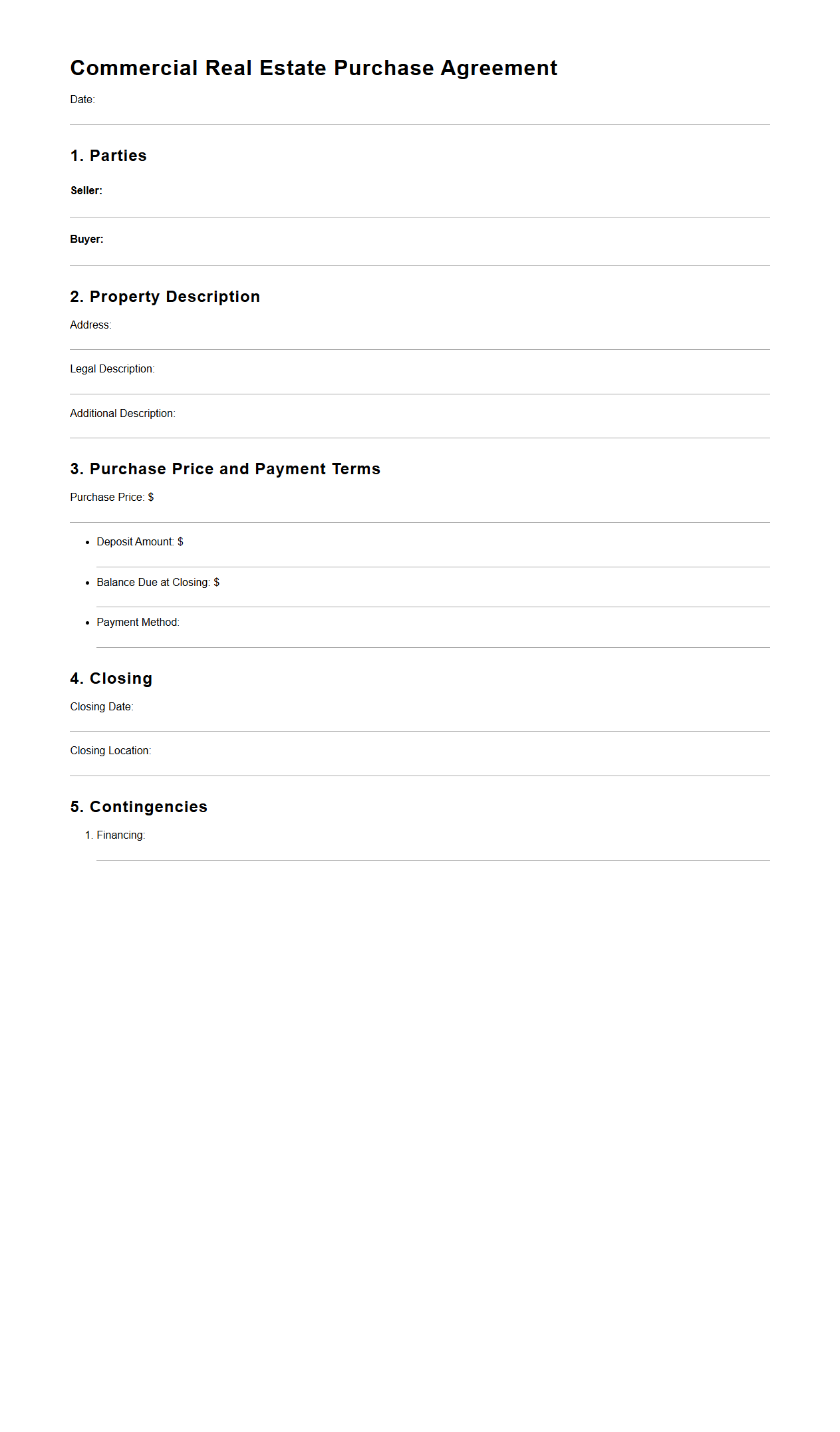 Commercial Real Estate Purchase Agreement Template