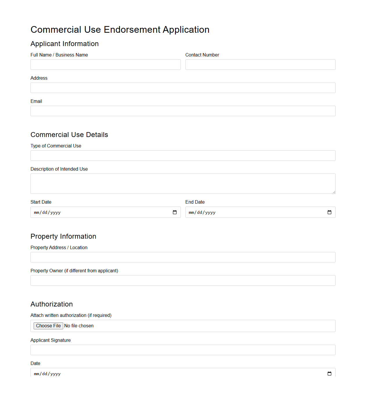 Commercial Use Endorsement Application Sample