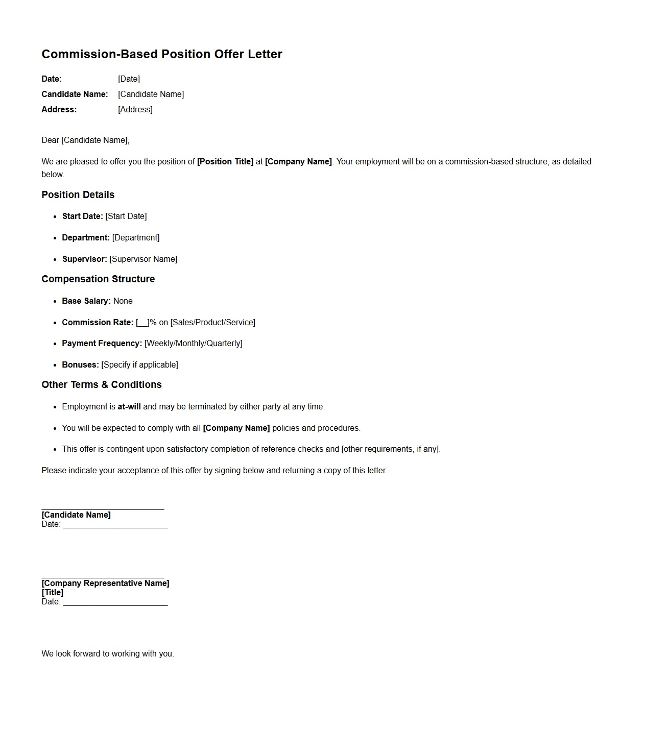 Commission-Based Position Offer Letter Specimen