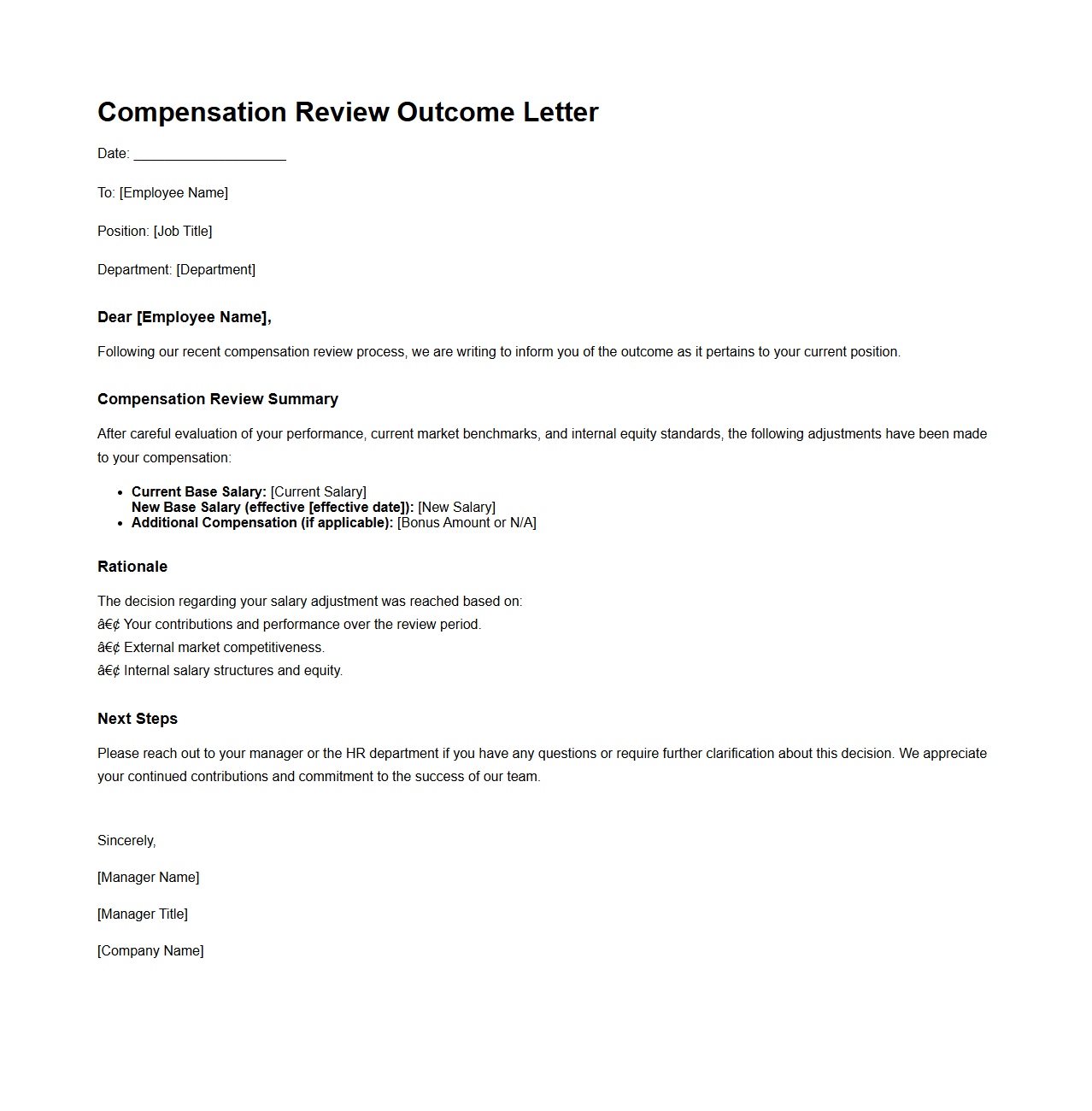 Compensation Review Outcome Letter Sample