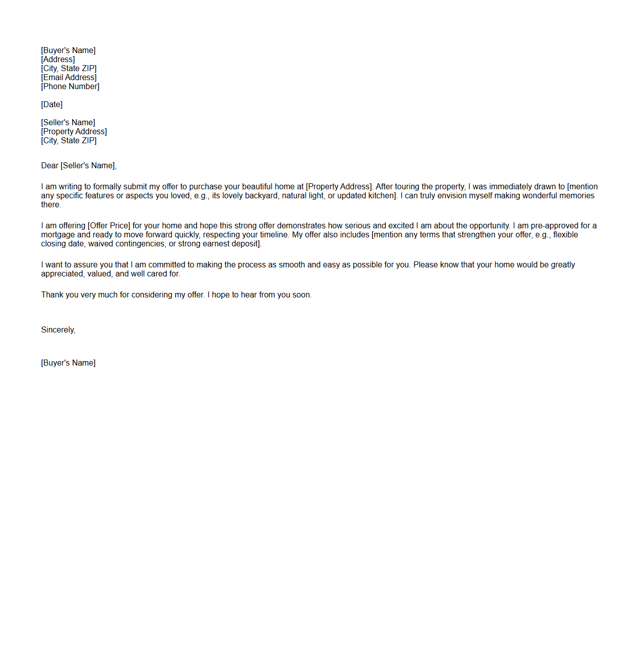 Competitive Home Purchase Offer Letter