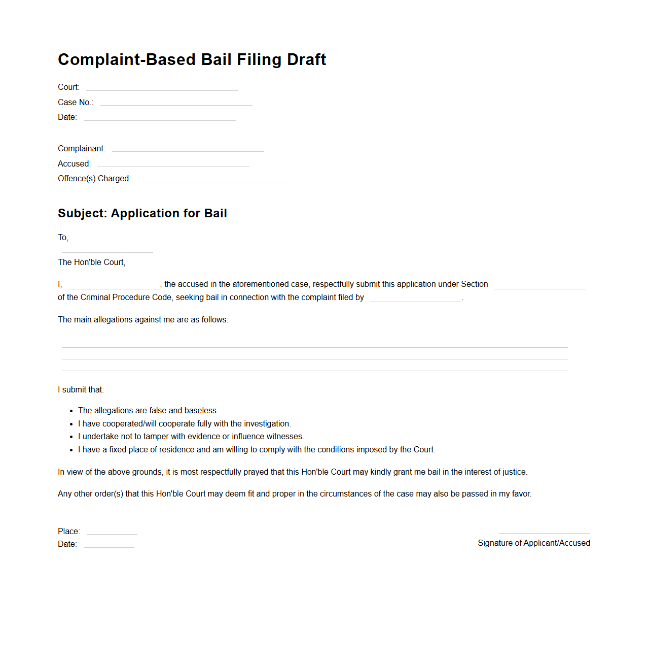 Complaint-Based Bail Filing Draft for Criminal Matters
