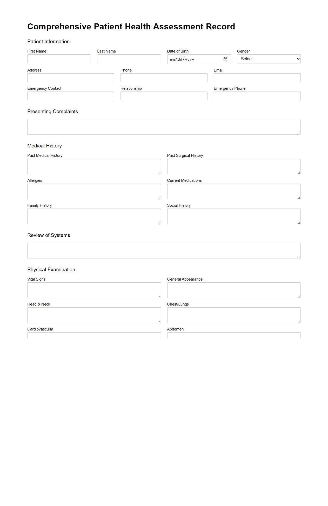 Comprehensive Patient Health Assessment Record