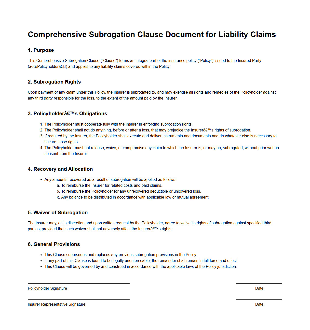 Comprehensive Subrogation Clause Document for Liability Claims