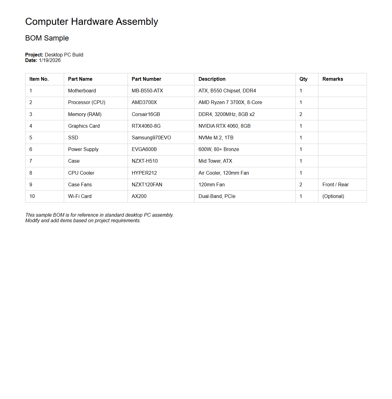 Computer Hardware Assembly BOM Sample