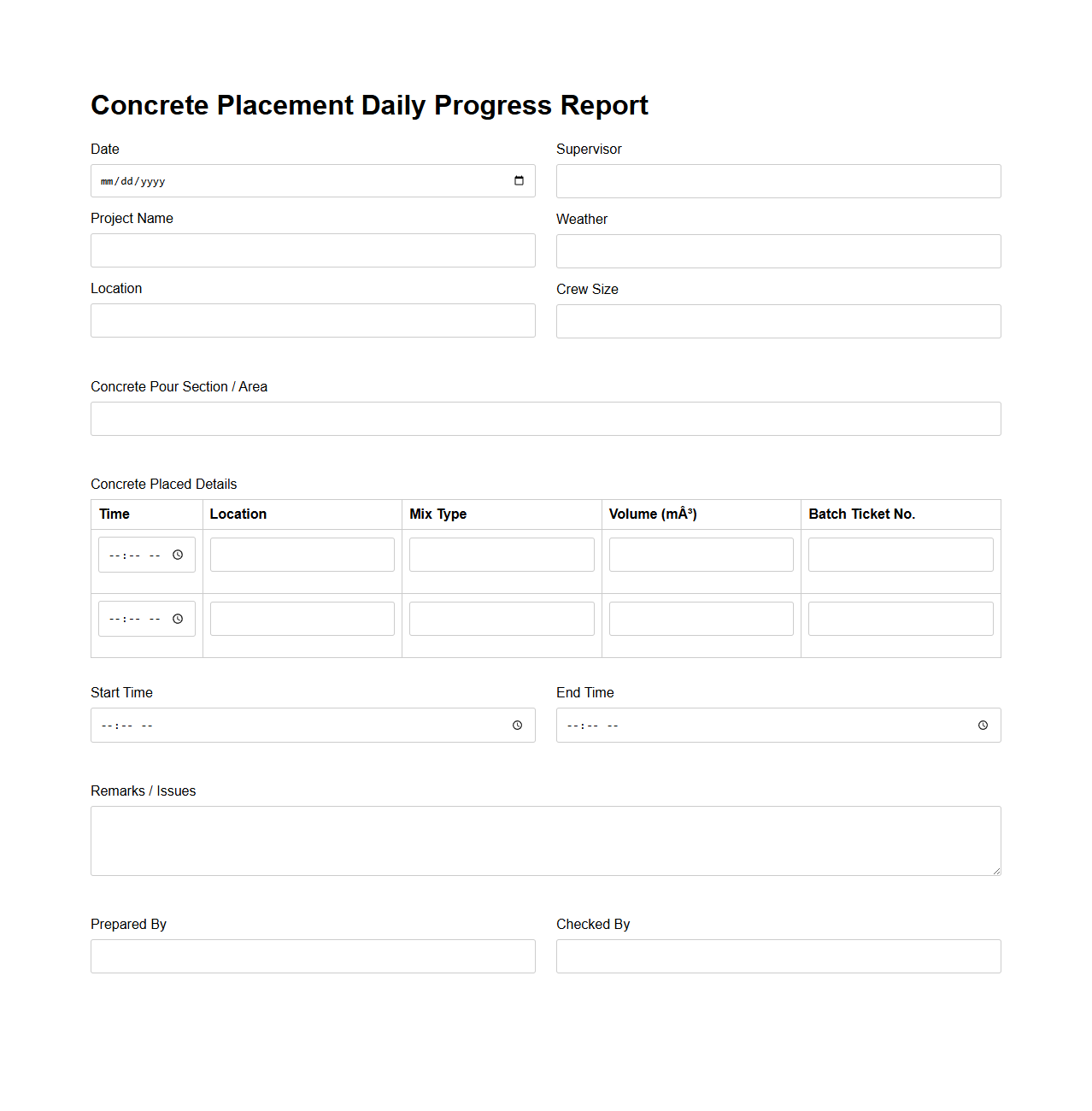 Concrete Placement Daily Progress Report