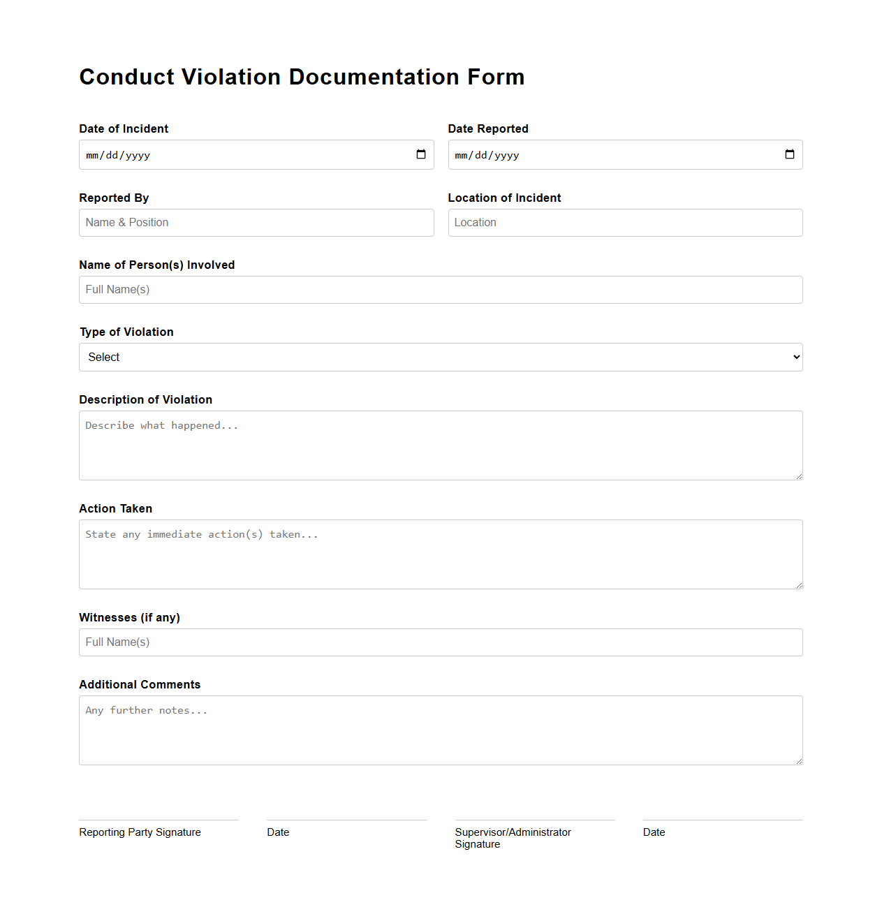 Conduct Violation Documentation Form