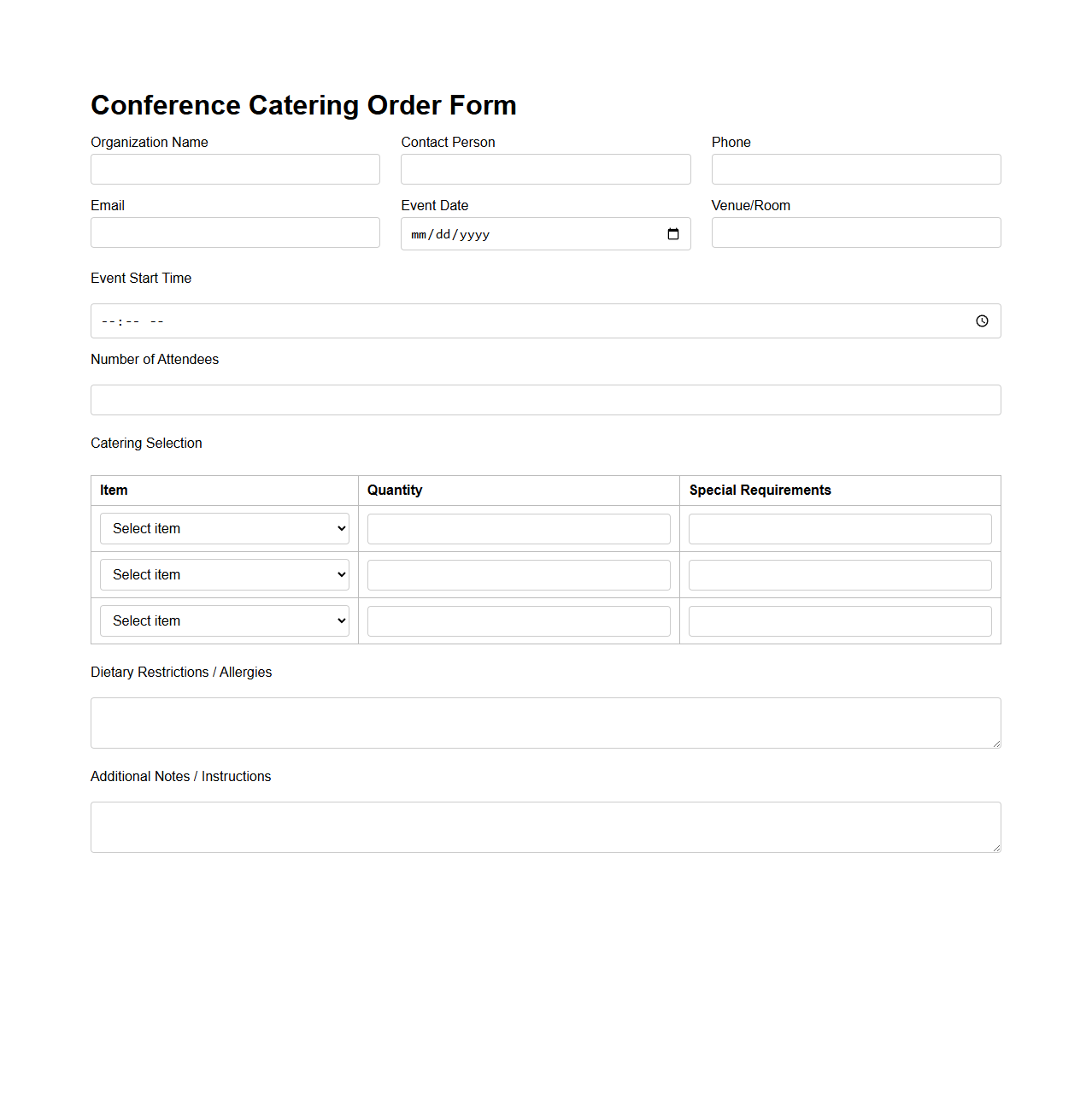 Conference Catering Order Form Example