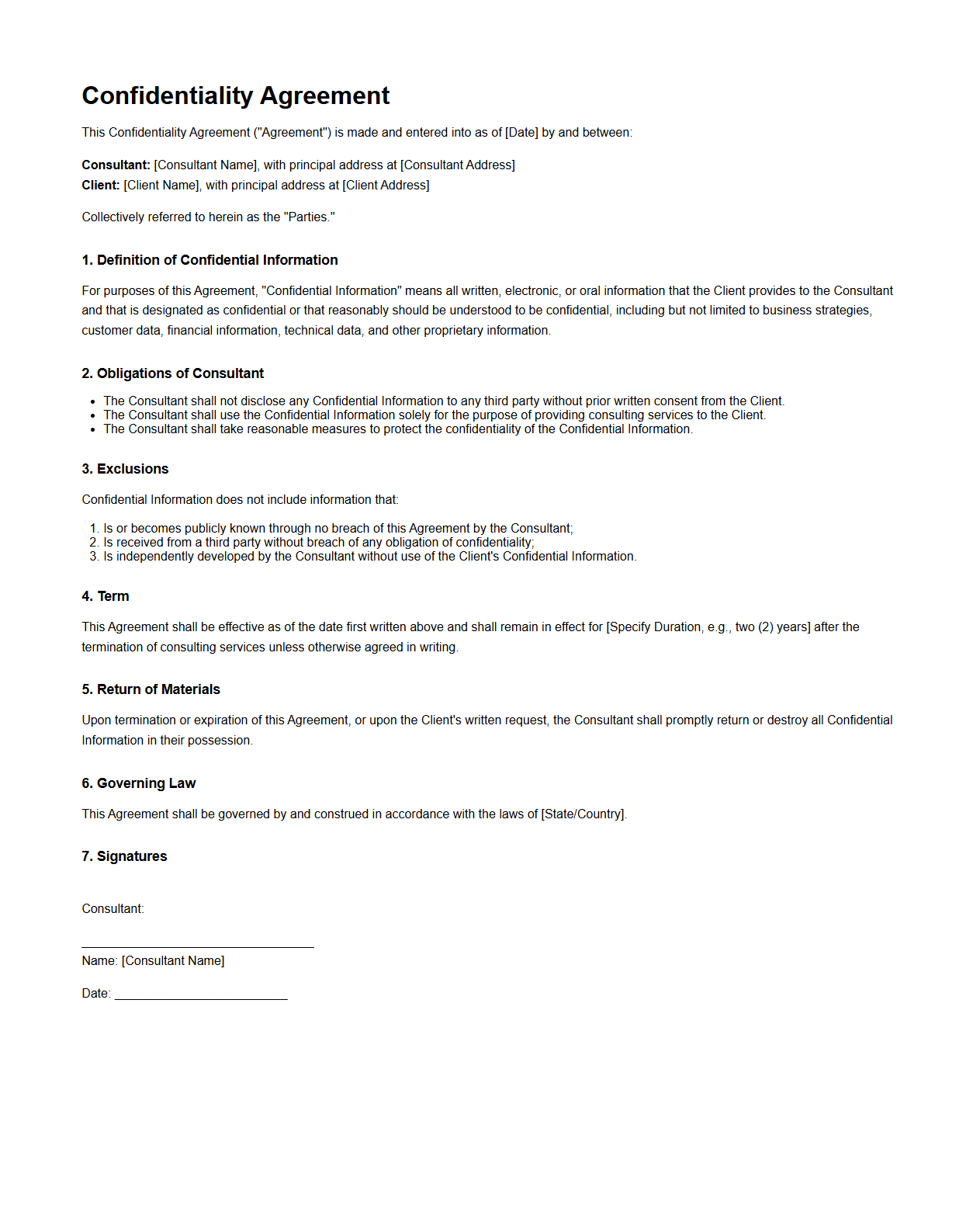 Confidentiality Agreement Template for Consulting Clients