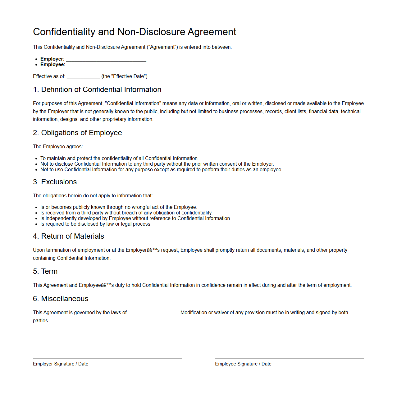 Confidentiality and Non-Disclosure Agreement for Employees