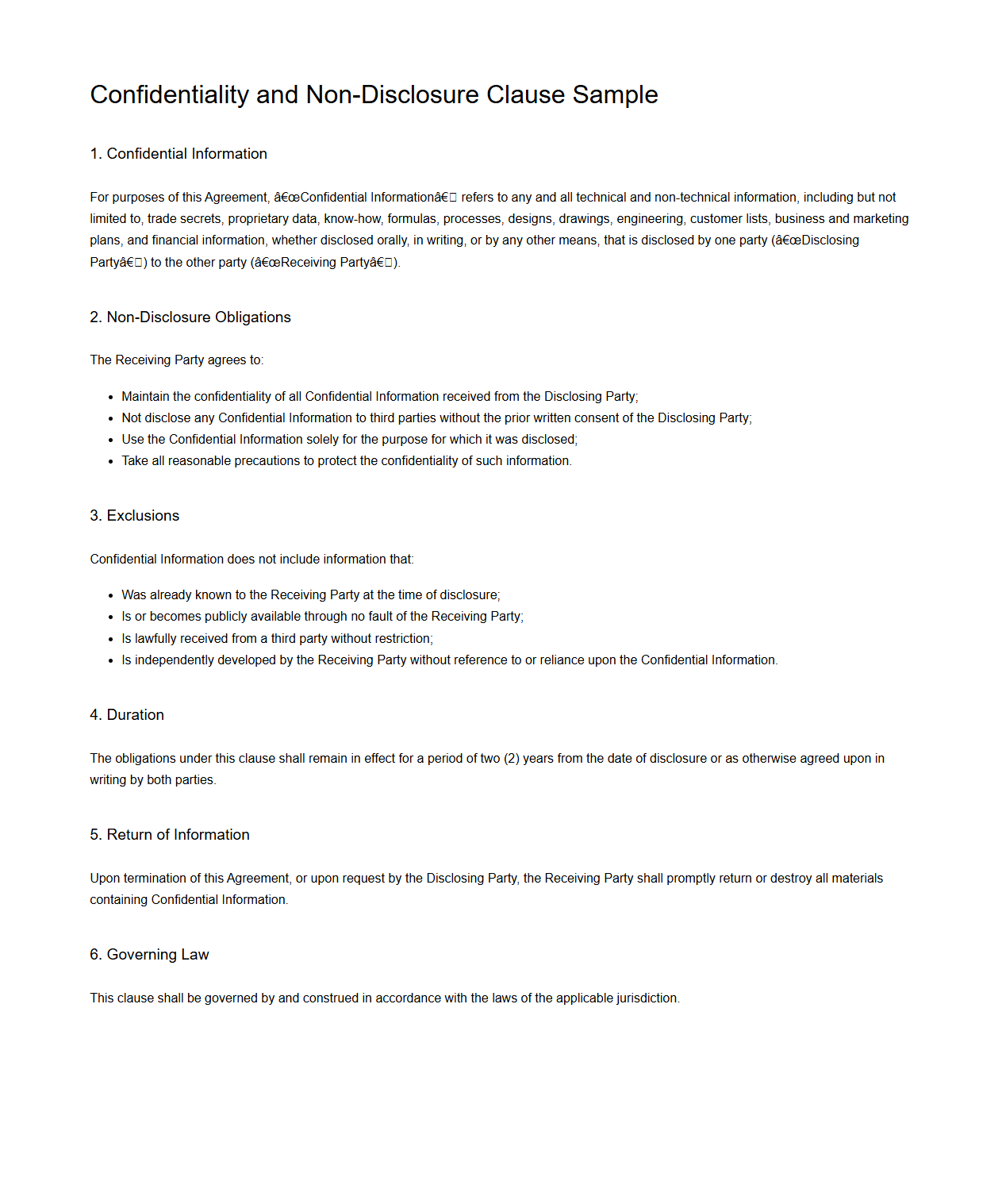 Confidentiality and Non-Disclosure Clause Sample