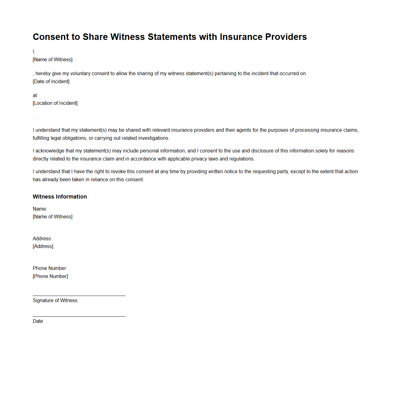 Consent to Share Witness Statements with Insurance Providers