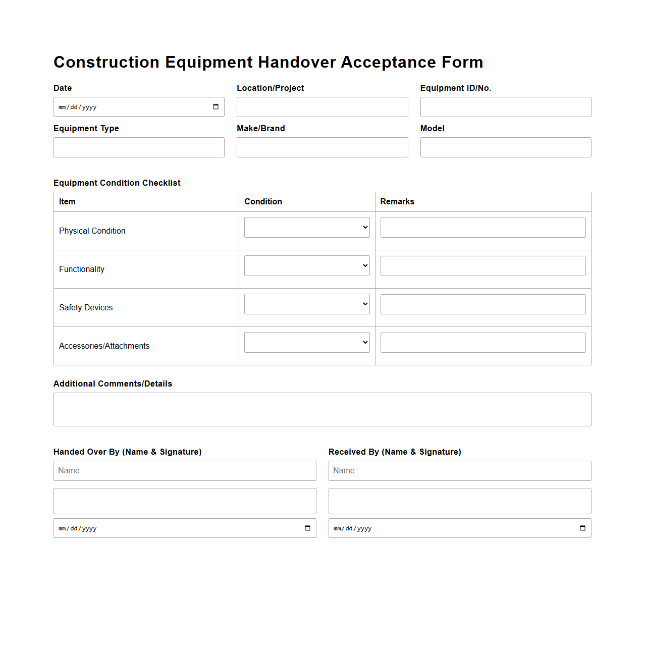 Construction Equipment Handover Acceptance Form
