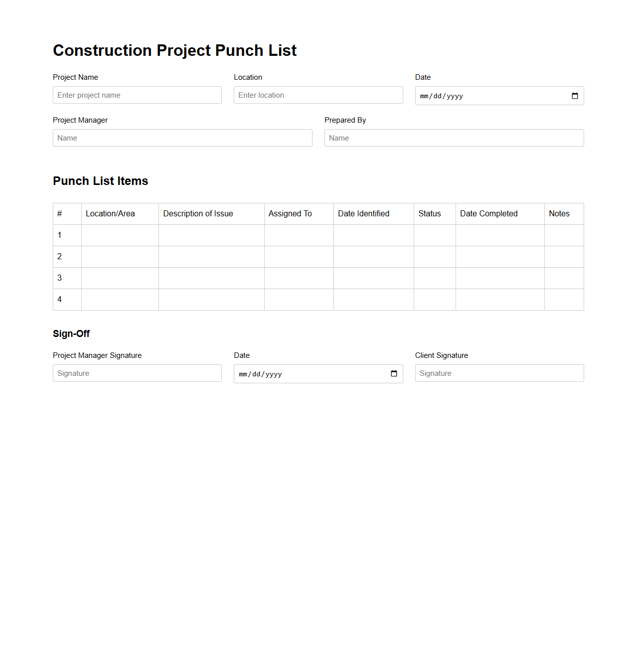 Construction Project Punch List Template