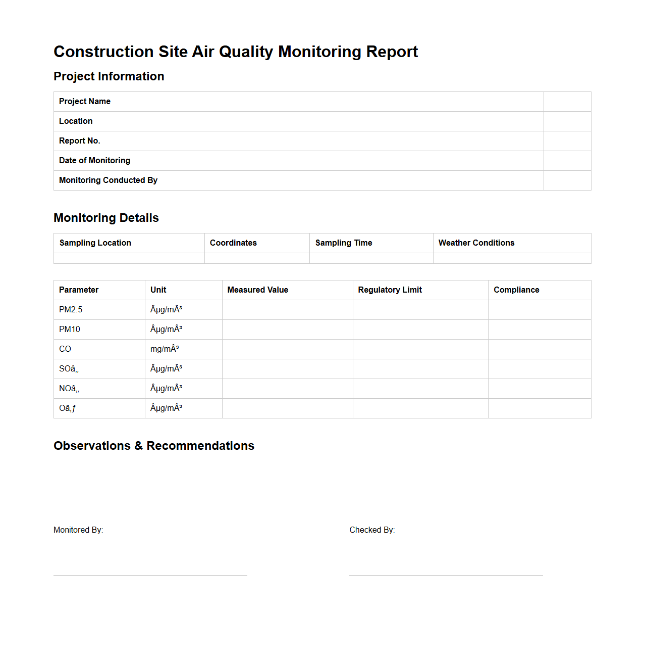 Construction Site Air Quality Monitoring Report Template