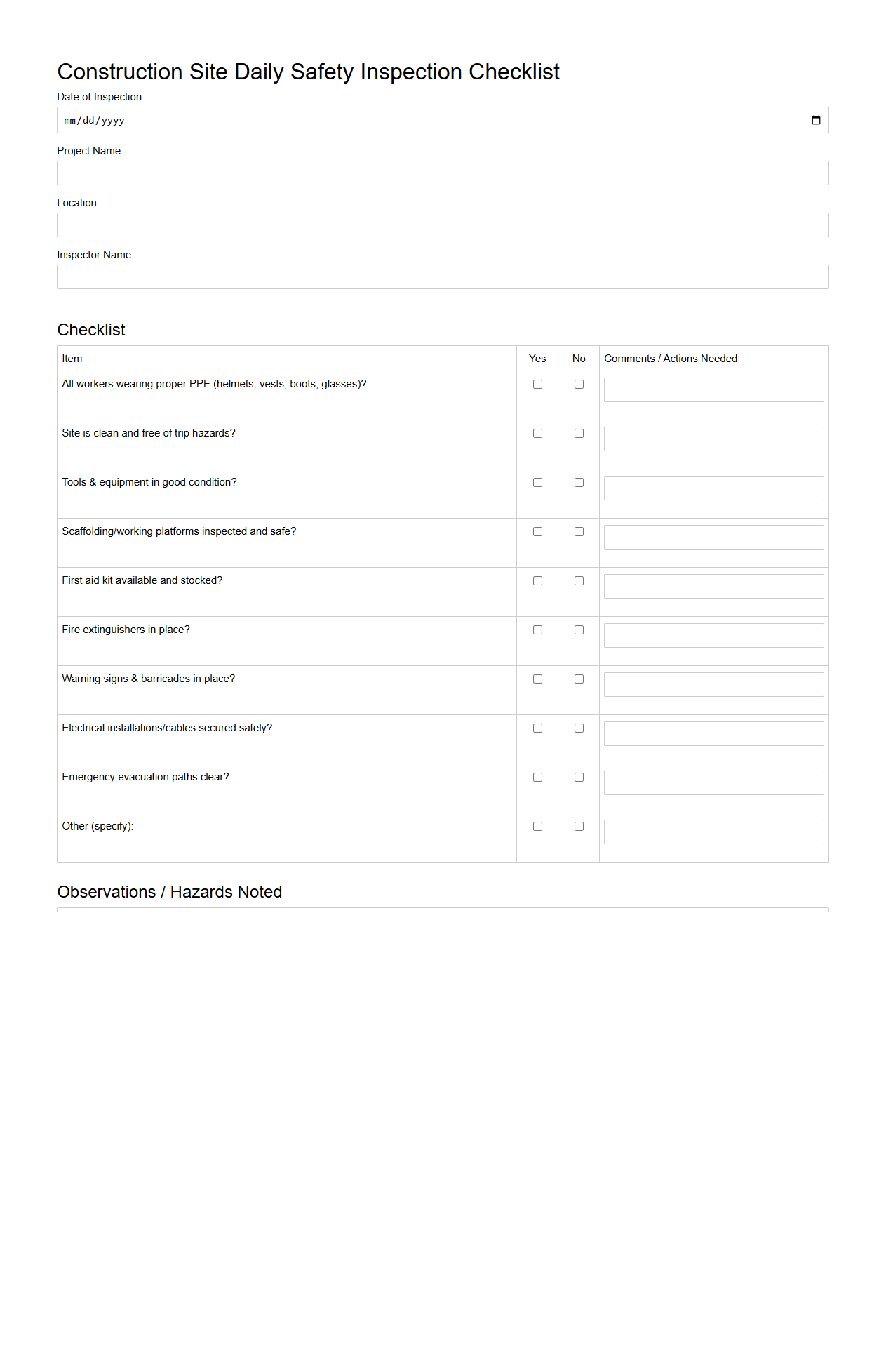 Construction Site Daily Safety Inspection Checklist Template