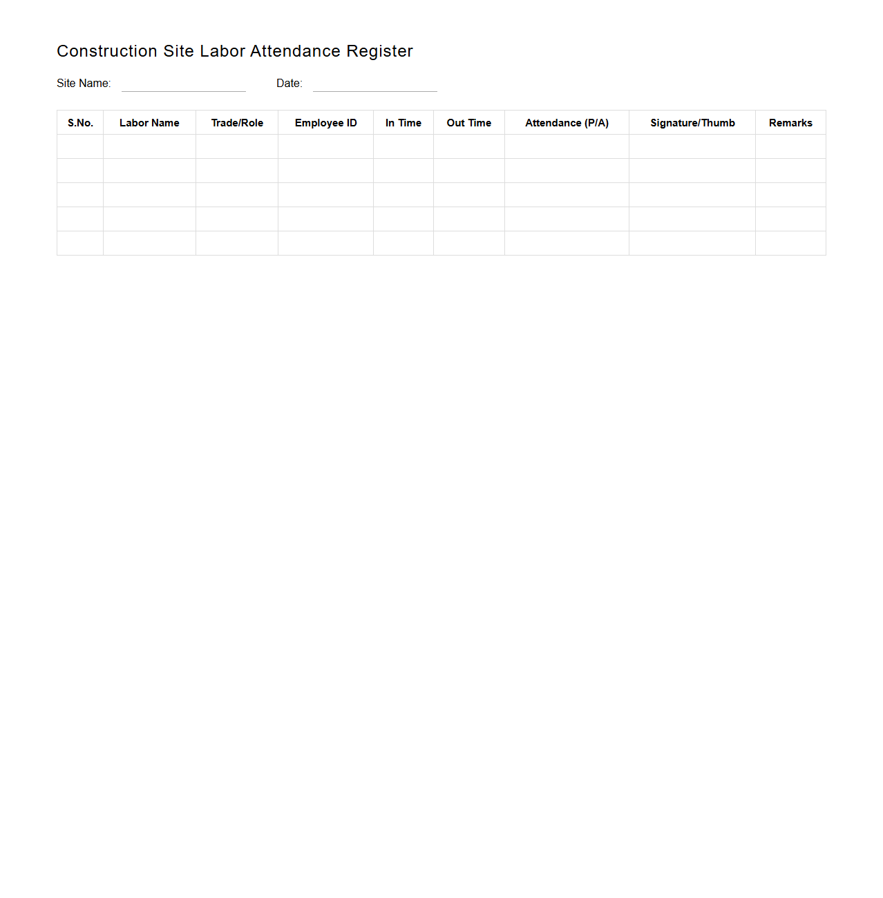 Construction Site Labor Attendance Register