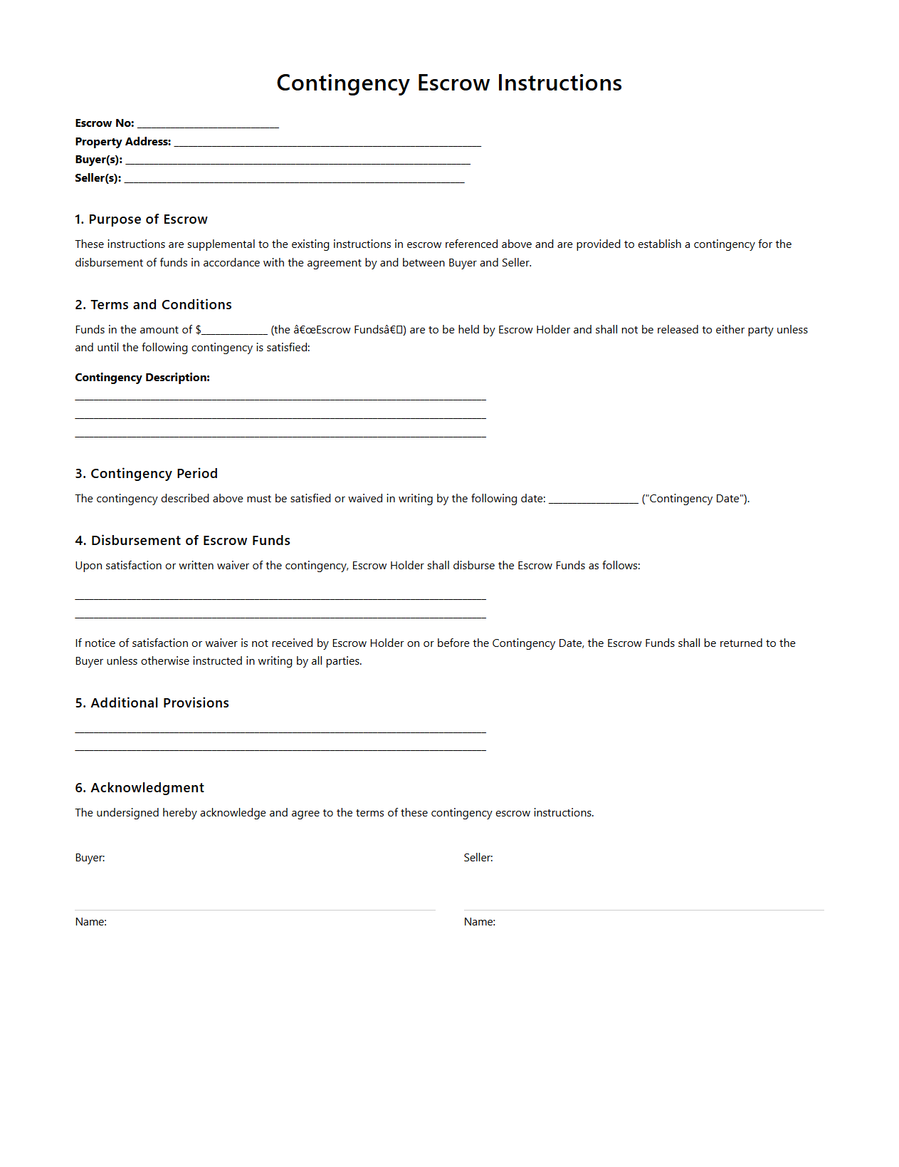 Contingency Escrow Instructions Sample