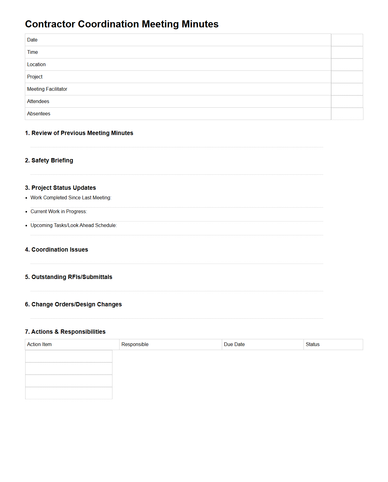 Contractor Coordination Meeting Minutes Outline