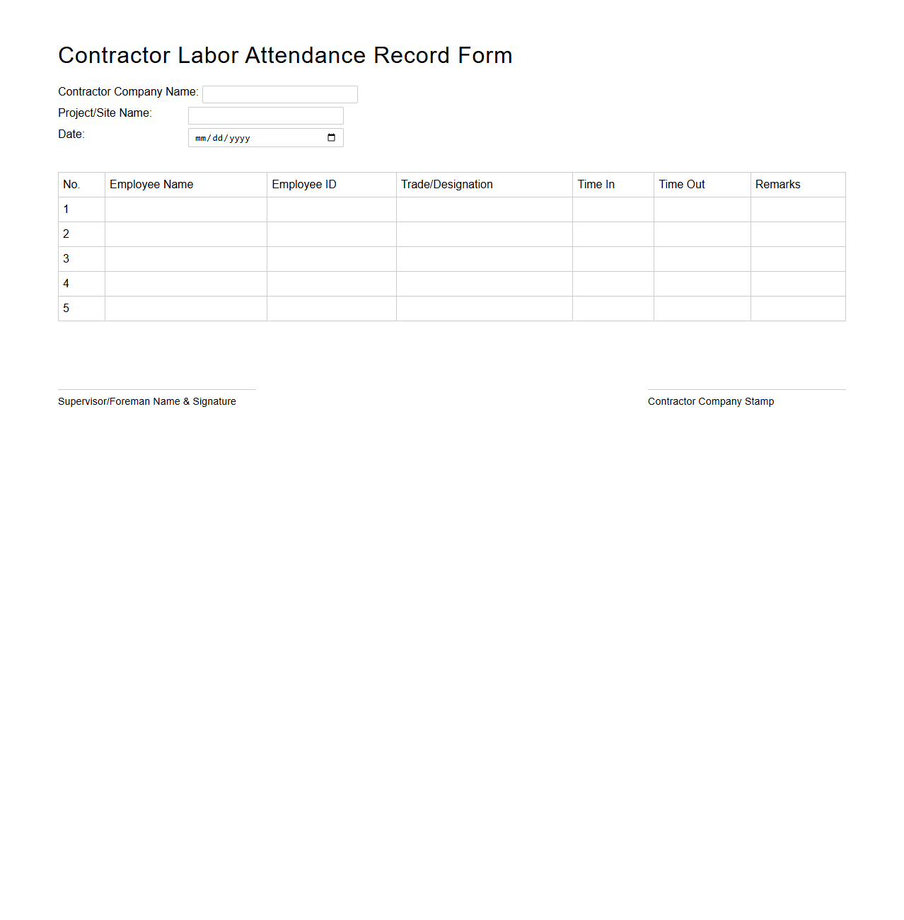 Contractor Labor Attendance Record Form