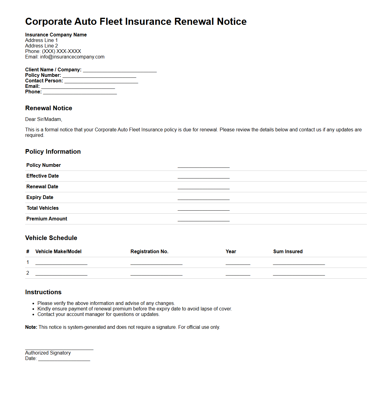 Corporate Auto Fleet Insurance Renewal Notice Format