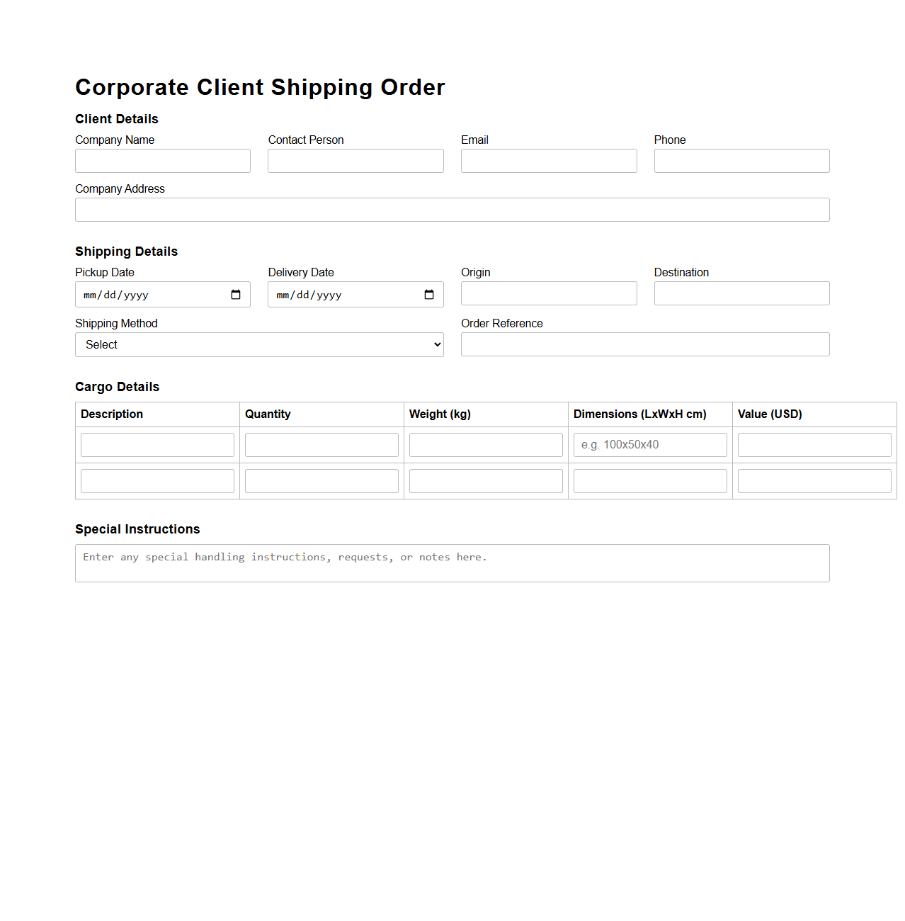 Corporate Client Shipping Order Template for Logistics Providers
