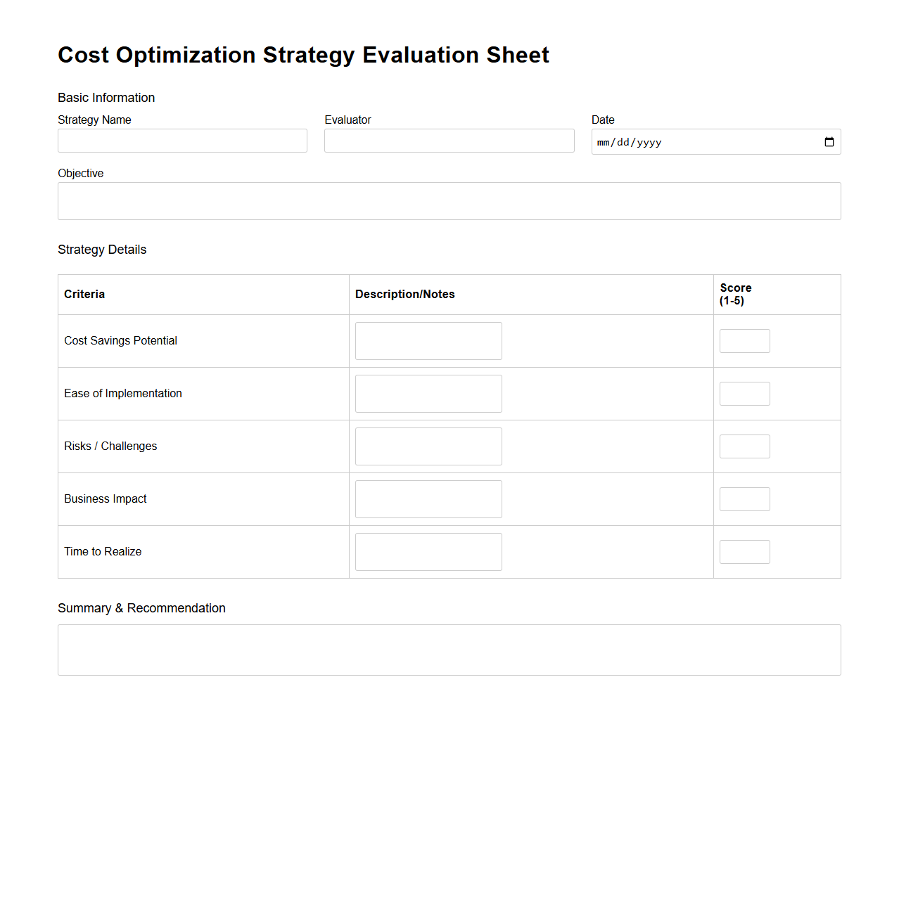 Cost Optimization Strategy Evaluation Sheet