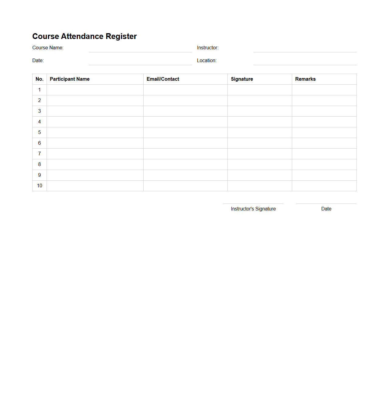 Course Attendance Register Format