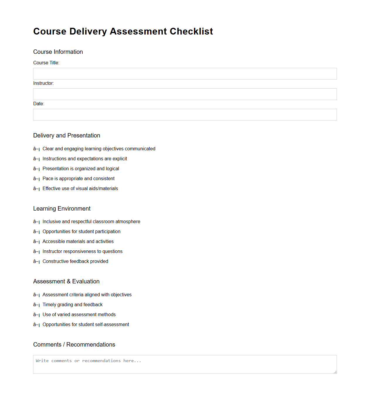 Course Delivery Assessment Checklist