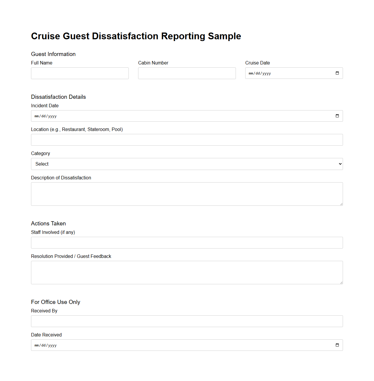 Cruise Guest dissatisfaction Reporting Sample