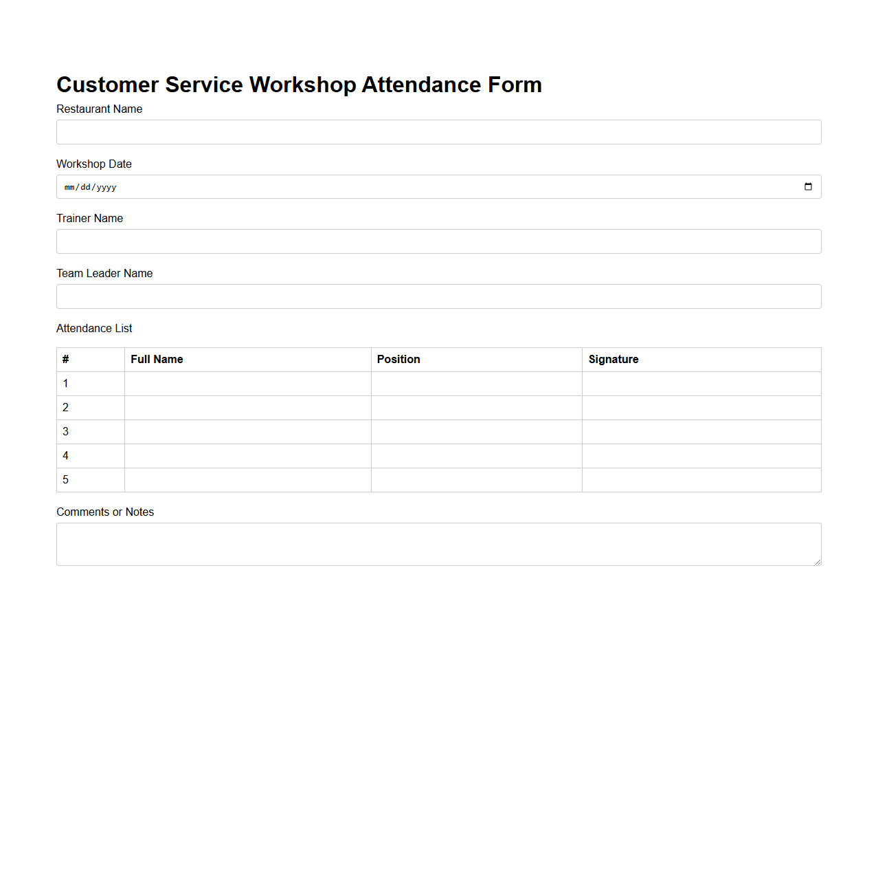 Customer Service Workshop Attendance Form for Restaurant Teams