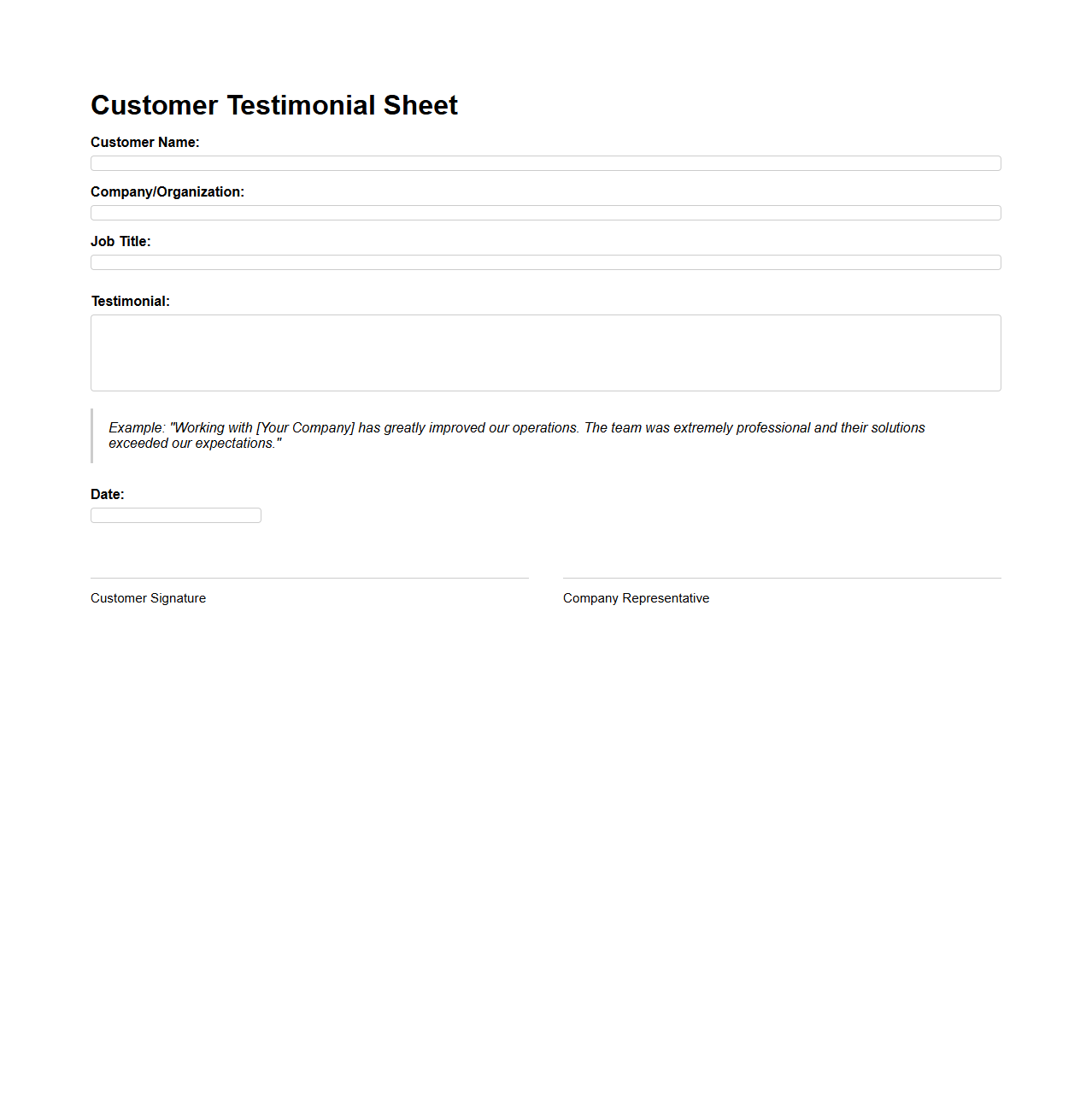 Customer Testimonial Sheet Sample