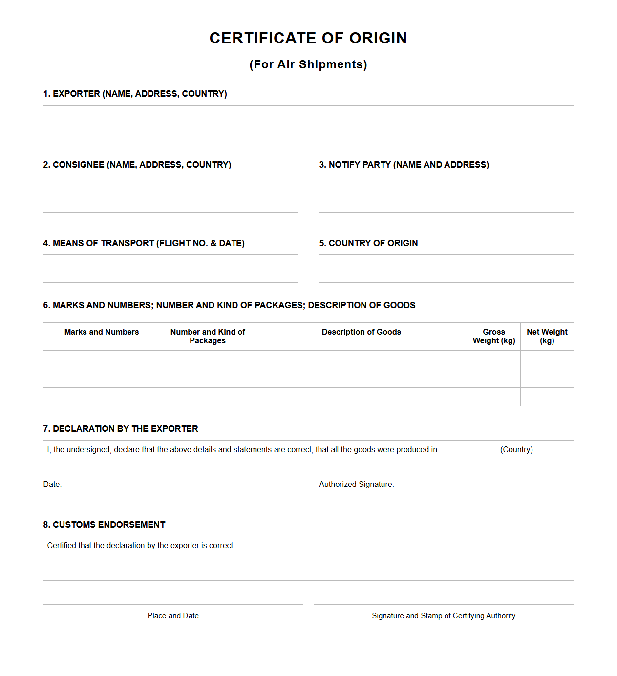 Customs Endorsed Certificate of Origin for Air Shipments