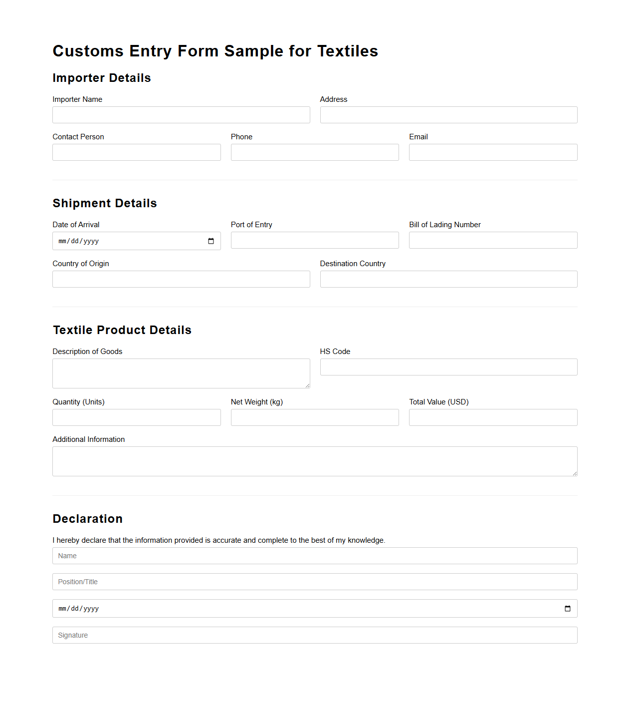 Customs Entry Form Sample for Textiles