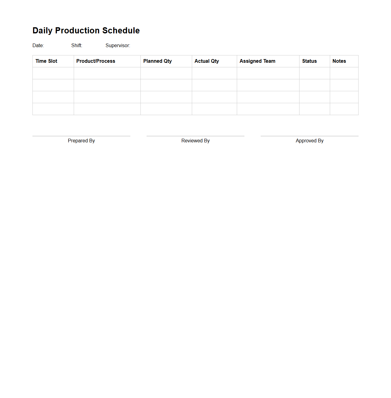 Daily Production Schedule Template for Manufacturing Operations