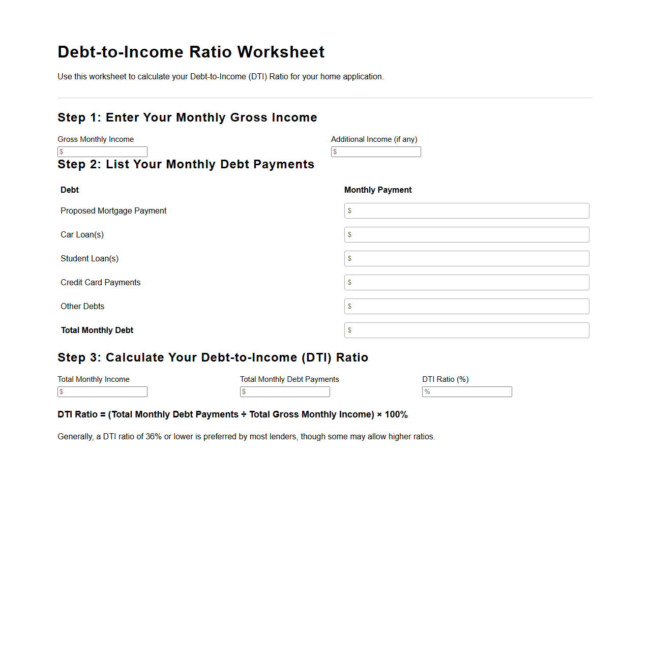 Debt-to-Income Ratio Worksheet for Home Application