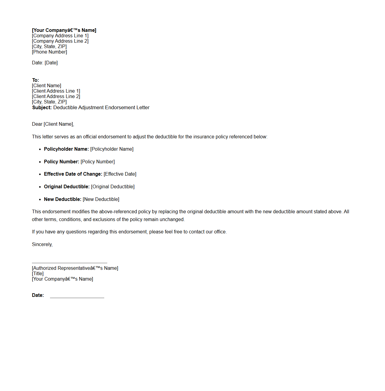 Deductible Adjustment Endorsement Letter