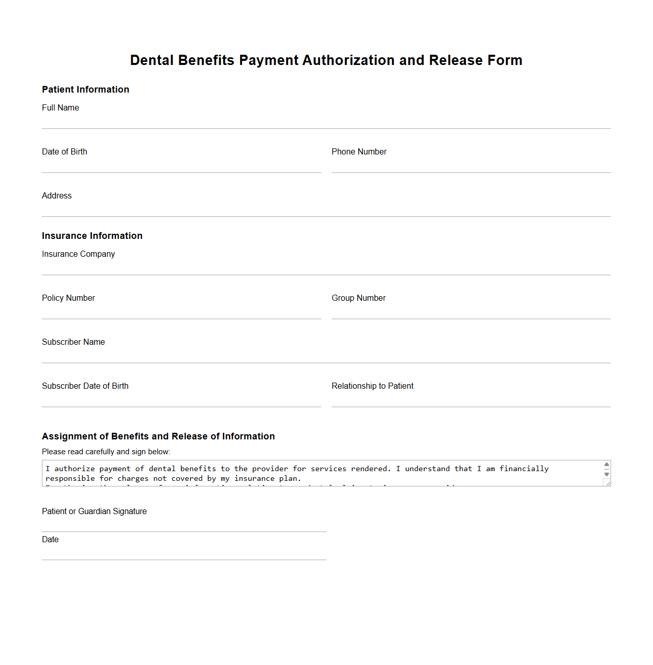 Dental Benefits Payment Authorization and Release Form