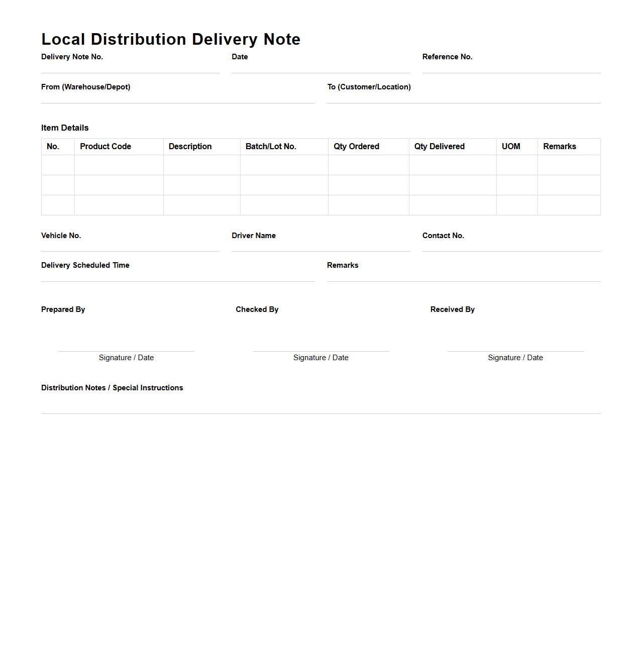 Detailed Local Distribution Delivery Note Layout