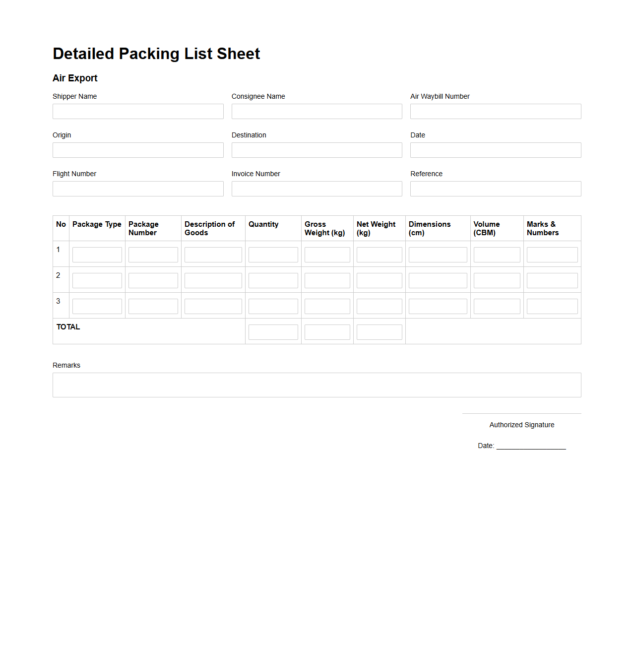 Detailed Packing List Sheet for Air Export