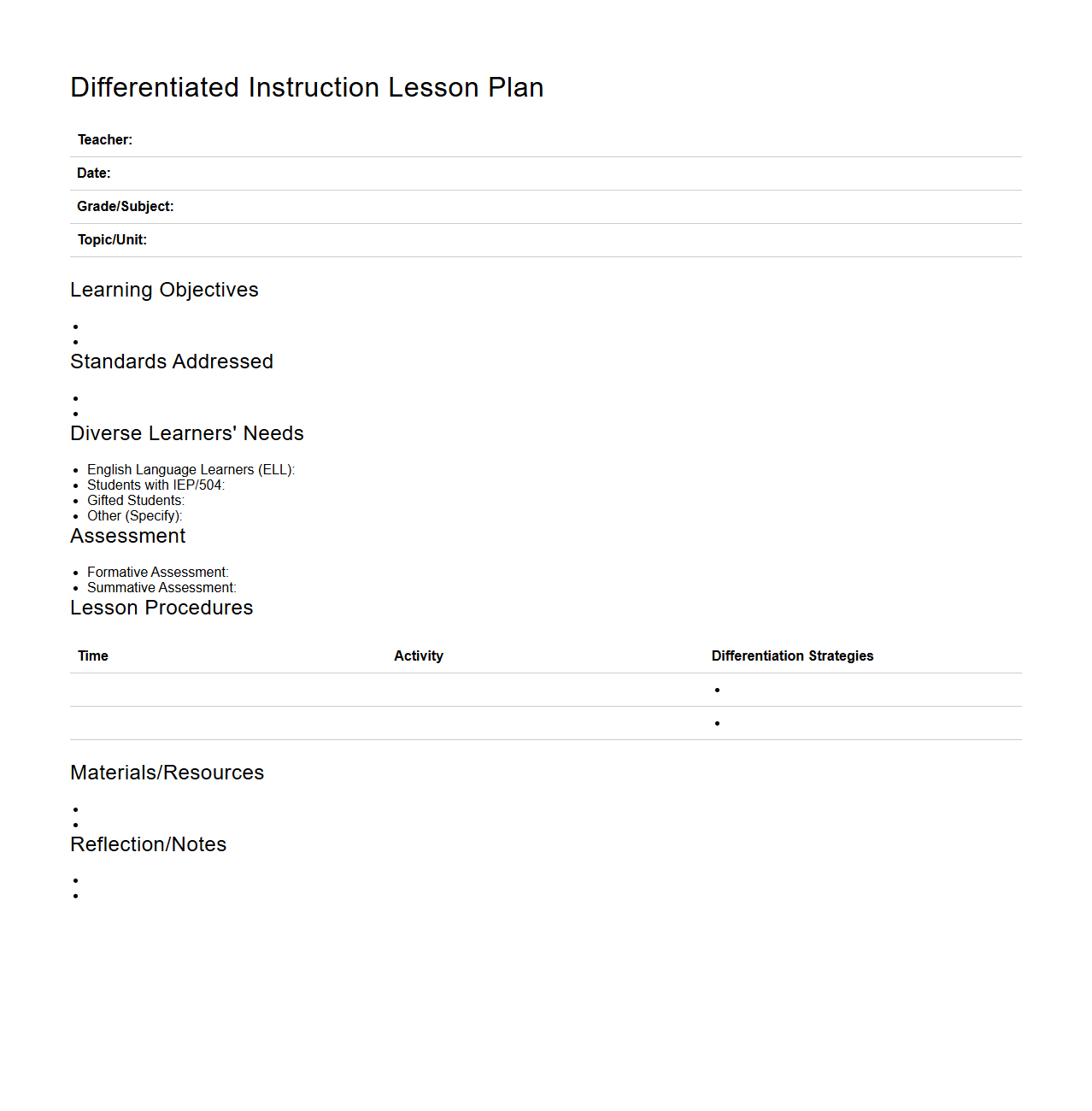 Differentiated Instruction Lesson Plan for Diverse Learners
