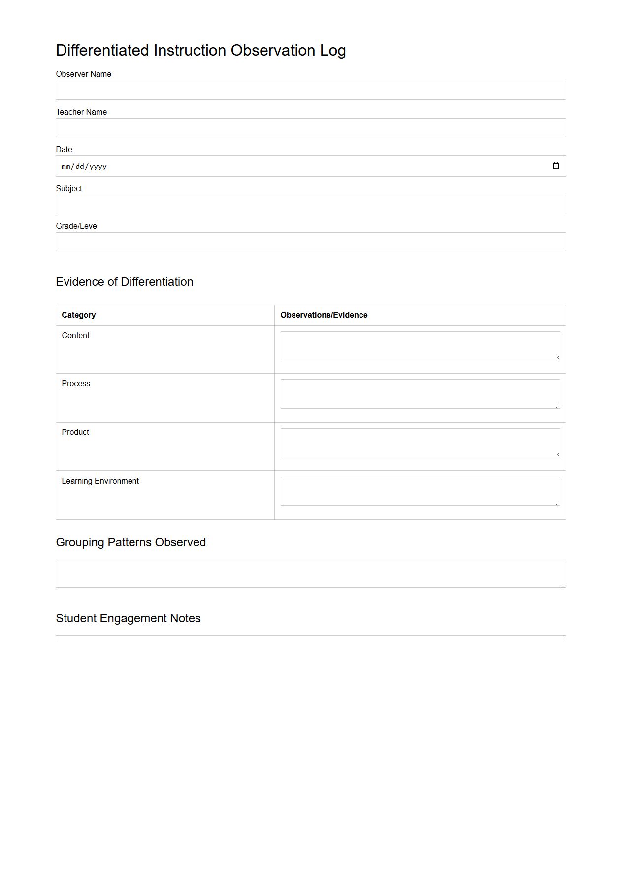 Differentiated Instruction Observation Log