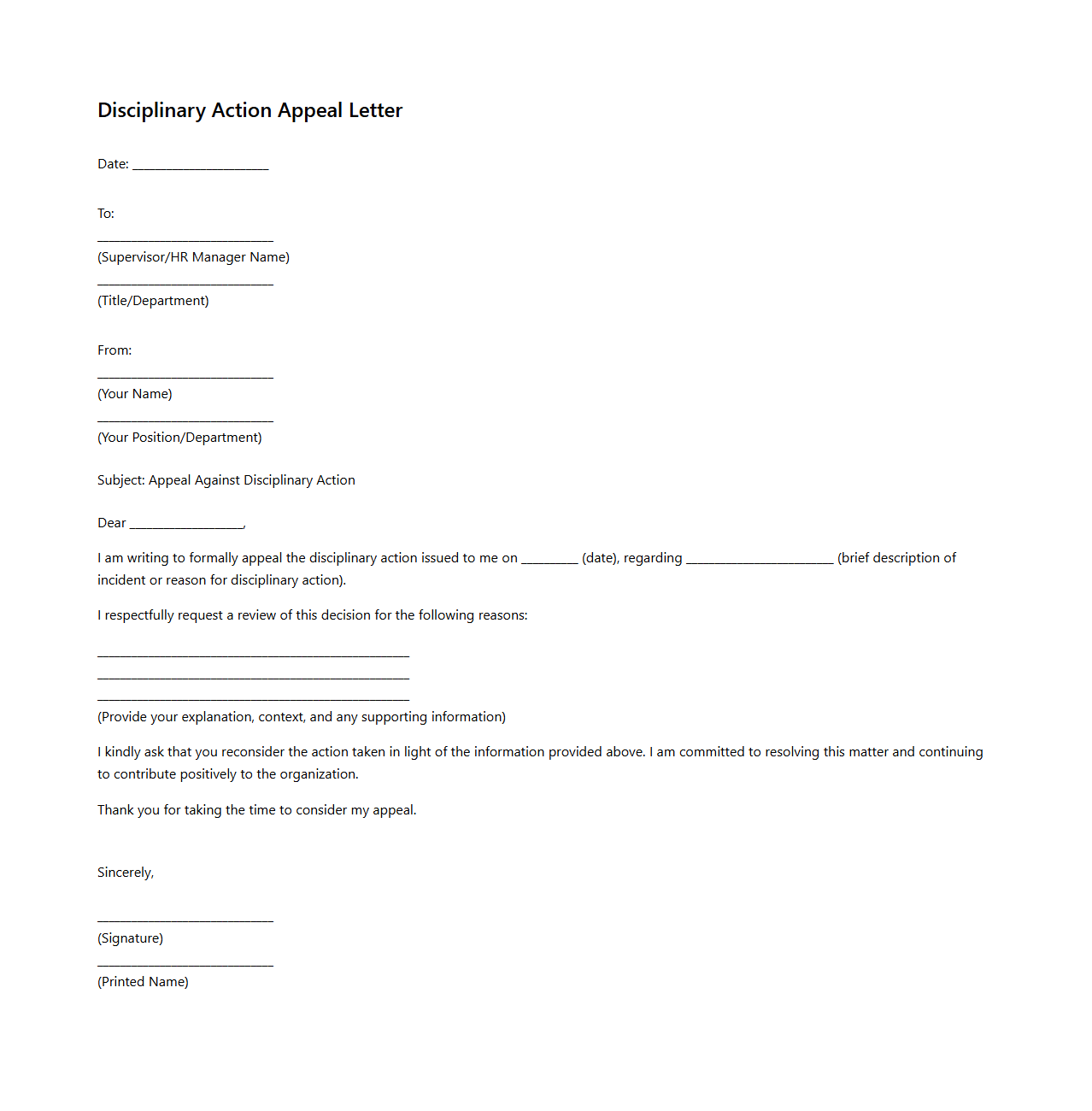 Disciplinary Action Appeal Letter Example