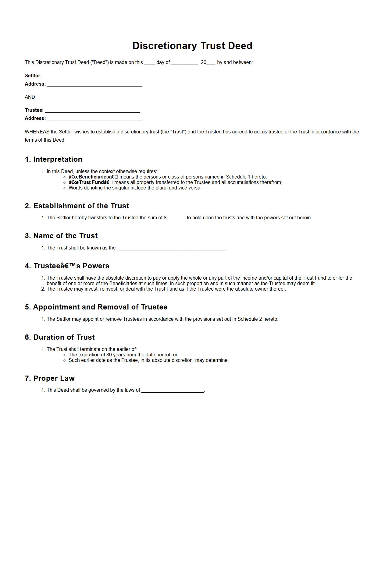 Discretionary Trust Deed Sample