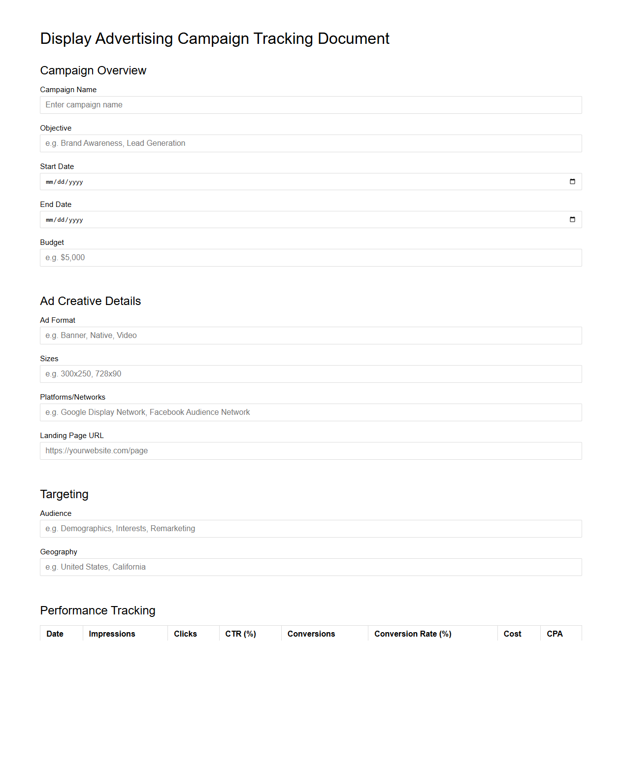 Display Advertising Campaign Tracking Document